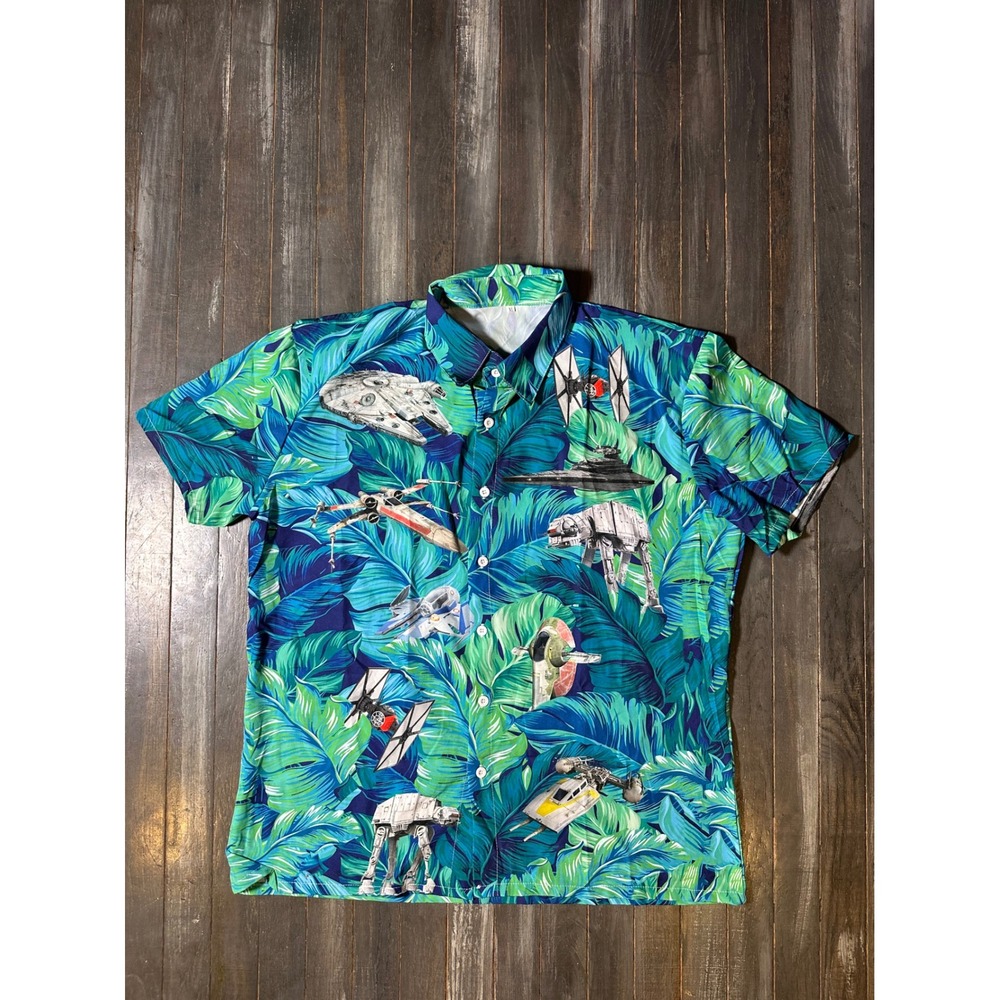 Star Wars‎ Mens Tropical Aloha Shirt Blue Green Millennium Falcon X-Wing
